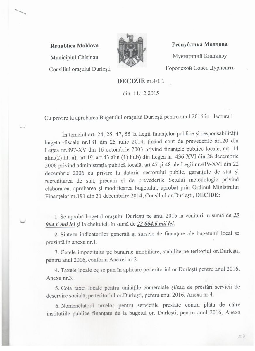 Decizie nr. 4/1.1 din 11.12.2015 cu privire la aprobarea Bugetului orasului Durlesti pentru anul 2016 in lectura I pag 1